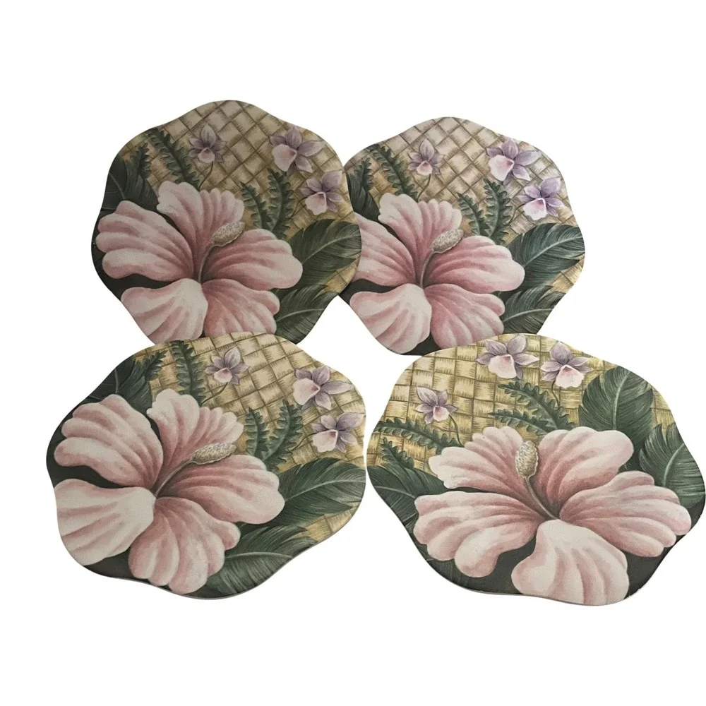 Merritt‎ Set of 4 Tropical Hibiscus Floral Melamine Plates Bamboo Plastic Salad